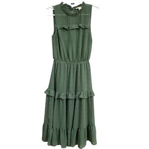 Monteau Green Swiss Dot Tiered Midi Dress XS Sleeveless Ruffle